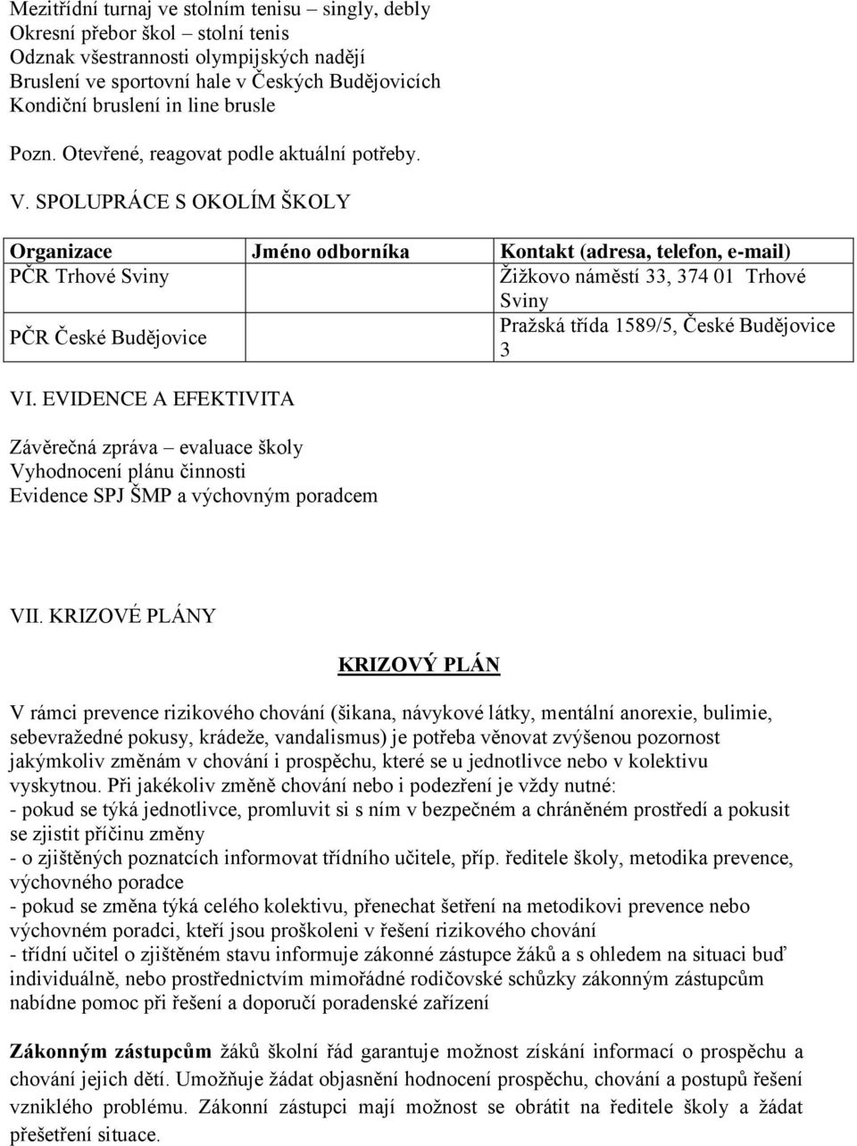 SPOLUPRÁCE S OKOLÍM ŠKOLY Organizace Jméno odborníka Kontakt (adresa, telefon, e-mail) PČR Trhové Sviny Žižkovo náměstí 33, 374 01 Trhové Sviny PČR České Budějovice Pražská třída 1589/5, České