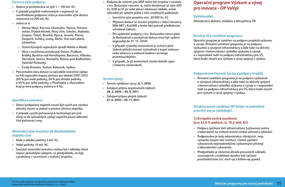 Jedná se o: Okresy Most, Karviná, Chomutov, Teplice, Ostravaměsto, Frýdek-Místek, Nový Jičín, Sokolov, Hodonín, Znojmo, Třebíč, Bruntál, Opava, Jeseník, Přerov, Šumperk, Svitavy, Louny, Děčín, Ústí