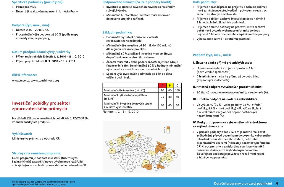 2010 15. 2. 2011 www.mpo.cz, www.czechinvest.org Investiční pobídky pro sektor zpracovatelského průmyslu Na základě Zákona o investičních pobídkách č. 72/2000 Sb. ve znění pozdějších předpisů.