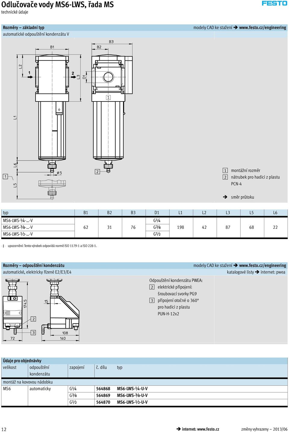 upozornění: Tento výrobek odpovídá normě ISO 1179-1 a ISO 228-1. Rozměry odpou tění kondenzátu automatické, elektricky řízené E2/E3/E4 modely CAD ke stažení www.festo.