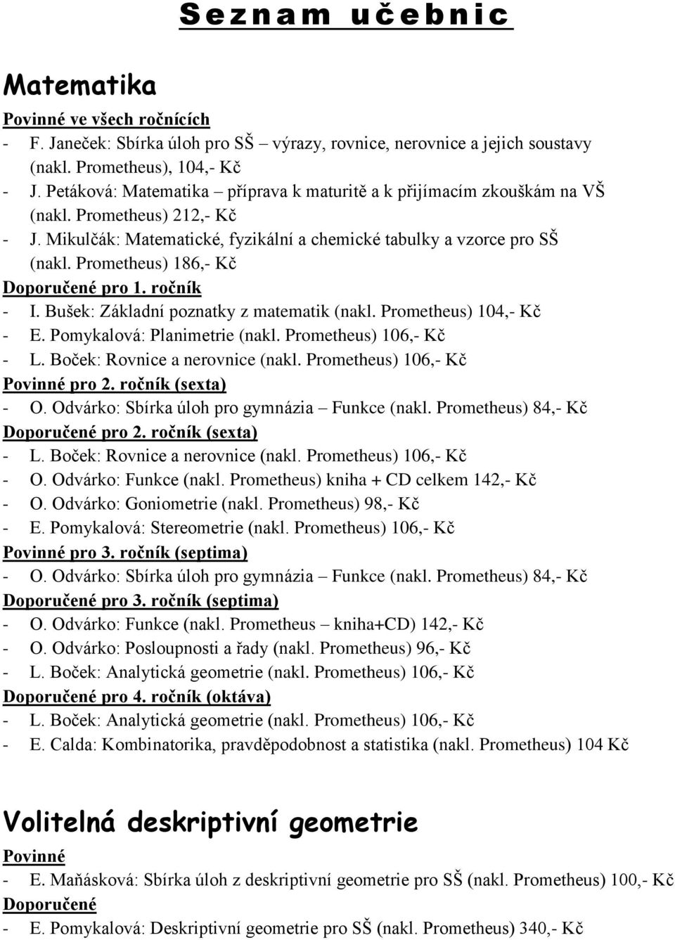 Prometheus) 186,- Kč Doporučené pro 1. ročník - I. Bušek: Základní poznatky z matematik (nakl. Prometheus) 104,- Kč - E. Pomykalová: Planimetrie (nakl. Prometheus) 106,- Kč - L.