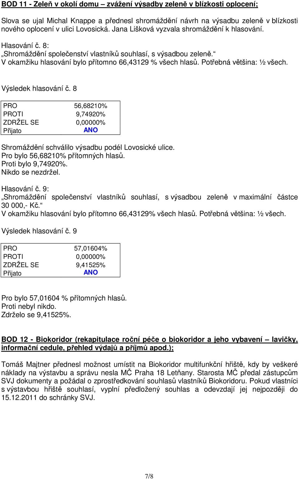 Potřebná většina: ½ všech. Výsledek hlasování č. 8 PRO 56,68210% PROTI 9,74920% ZDRŽEL SE 0,00000% Shromáždění schválilo výsadbu podél Lovosické ulice. Pro bylo 56,68210% přítomných hlasů.