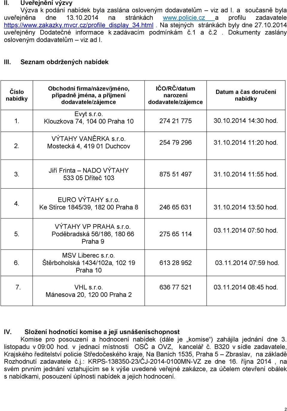 Seznam obdržených nabídek Číslo nabídky 1. firma/název/jméno, případně jména, a příjmení dodavatele/zájemce IČO/RČ/datum narození dodavatele/zájemce Datum a čas doručení nabídky Evyt s.r.o. Klouzkova 74, 104 00 Praha 10 274 21 775 30.