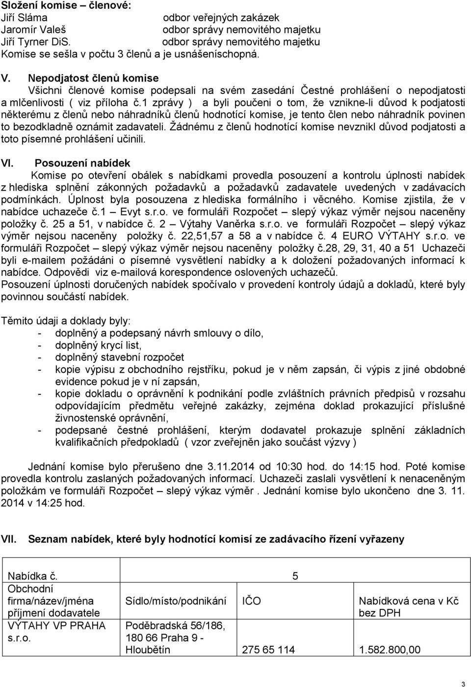 Nepodjatost členů komise Všichni členové komise podepsali na svém zasedání Čestné prohlášení o nepodjatosti a mlčenlivosti ( viz příloha č.