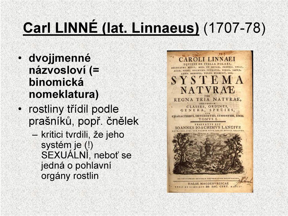 nomeklatura) rostliny třídil podle prašníků, popř.