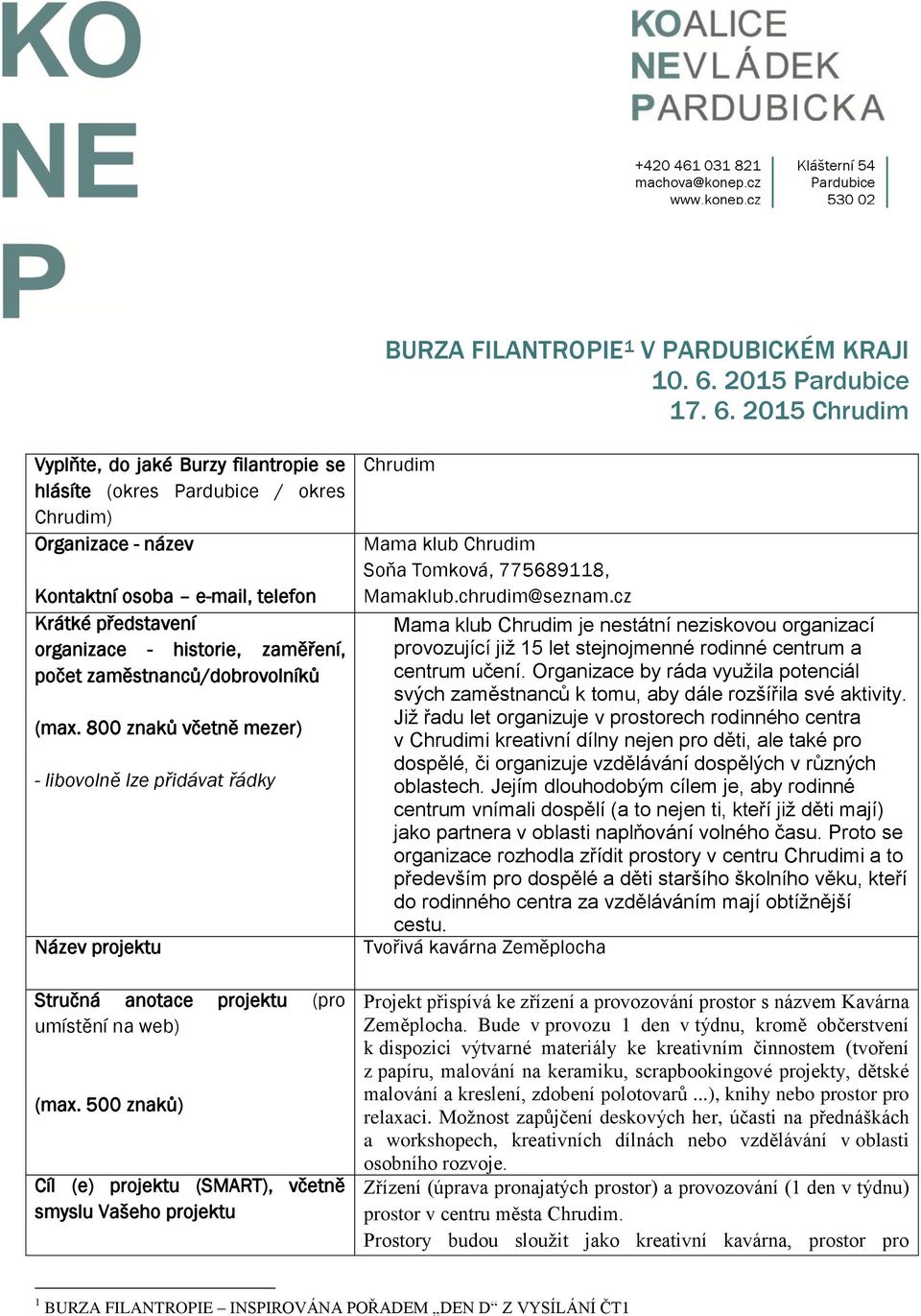 2015 Chrudim Vyplňte, do jaké Burzy filantropie se hlásíte (okres / okres Chrudim) Organizace - název Kontaktní osoba e-mail, telefon Krátké představení organizace - historie, zaměření, počet