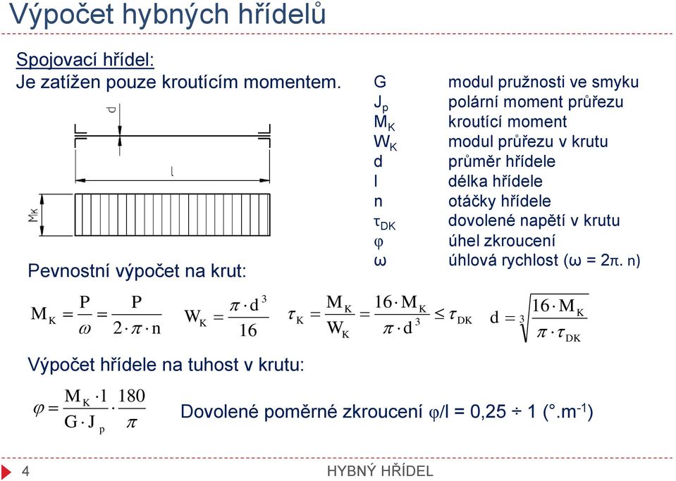 smyku J p polární moment průřezu kroutící moment W modul průřezu v krutu d průměr hřídele l délka hřídele n otáčky