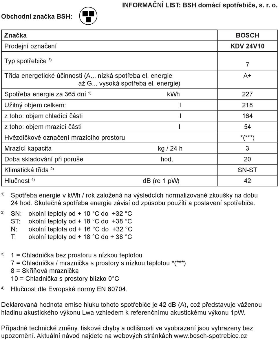 energie) Spotřeba energie za 365 dní 1) kwh 227 Užitný objem celkem: l 218 z toho: objem chladící části l 164 z toho: objem mrazící části l 54 Hvězdičkové označení mrazícího prostoru *(***) Mrazící