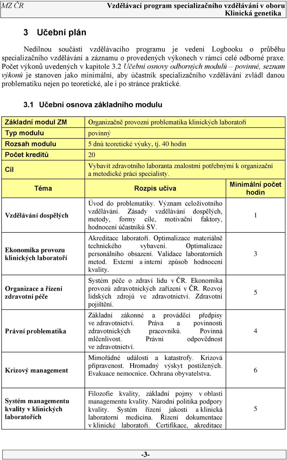 2 Učební osnovy odborných modulů povinné, seznam výkonů je stanoven jako minimální, aby účastník specializačního vzdělávání zvládl danou problematiku nejen po teoretické, ale i po stránce praktické.