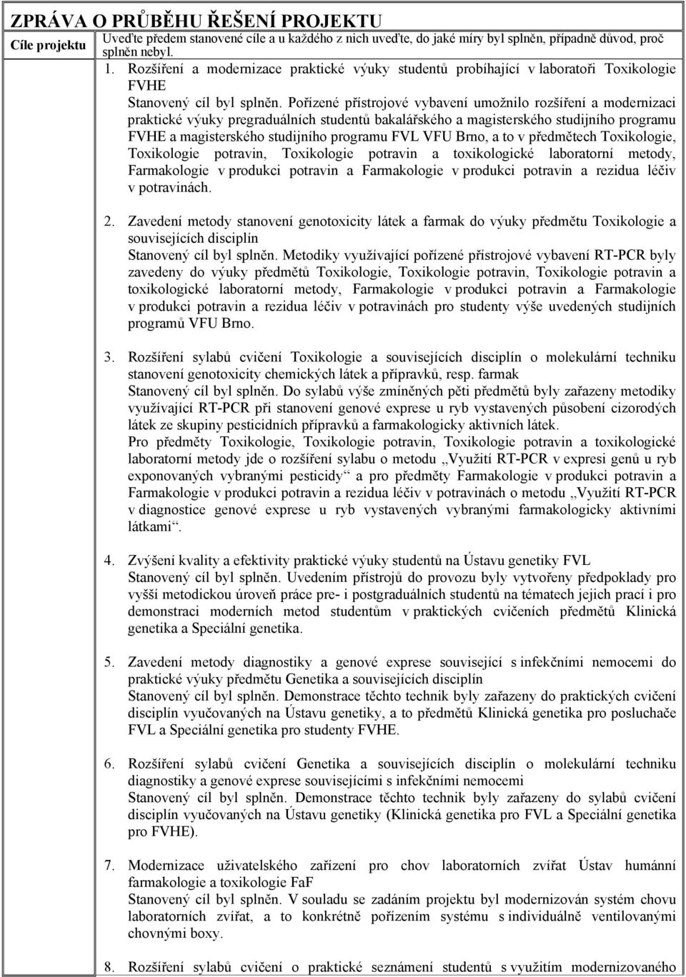 Pořízené přístrojové vybavení umožnilo rozšíření a modernizaci praktické výuky pregraduálních studentů bakalářského a magisterského studijního programu FVHE a magisterského studijního programu FVL