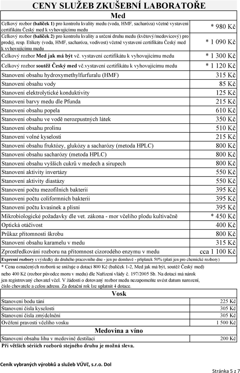 vystavení certifikátu k vyhovujícímu medu Celkový rozbor soutěž Český med vč.