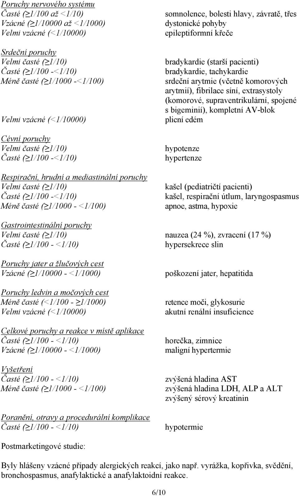 somnolence, bolesti hlavy, závratě, třes dystonické pohyby epileptiformní křeče bradykardie (starší pacienti) bradykardie, tachykardie srdeční arytmie (včetně komorových arytmií), fibrilace síní,