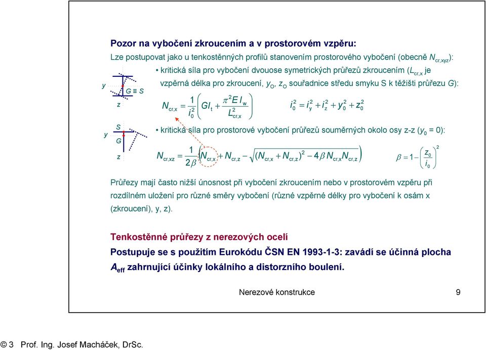 průřezů souměrnýh okolo osy z-z (y = ): G z N 1 β ( Nr,x + Nr,z ( Nr,x + Nr,z) β Nr,xNr,z ) r, xz = 4 z β = 1 i Průřezy mají časo nižší únosnos při vybočení zkrouením nebo v prosorovém vzpěru při