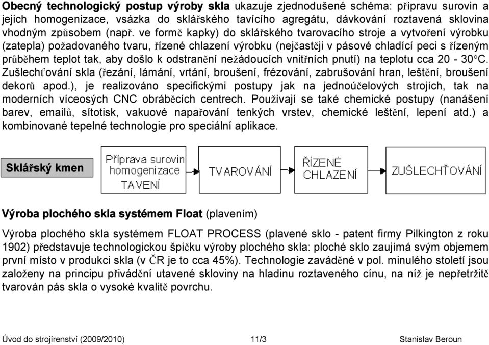 ve formě kapky) do sklářského tvarovacího stroje a vytvoření výrobku (zatepla) požadovaného tvaru, řízené chlazení výrobku (nejčastěji v pásové chladící peci s řízeným průběhem teplot tak, aby došlo