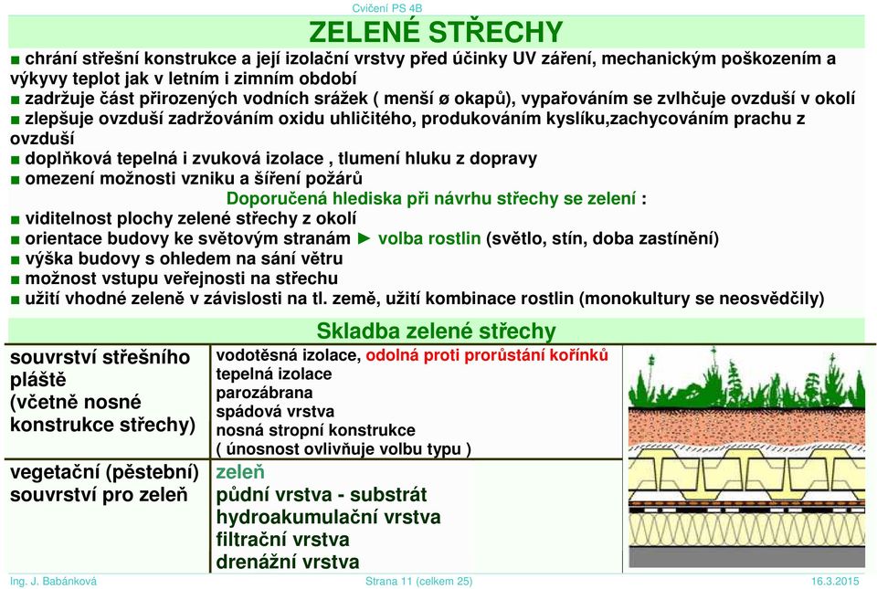 hluku z dopravy omezení možnosti vzniku a šíření požárů Doporučená hlediska při návrhu střechy se zelení : viditelnost plochy zelené střechy z okolí orientace budovy ke světovým stranám volba rostlin