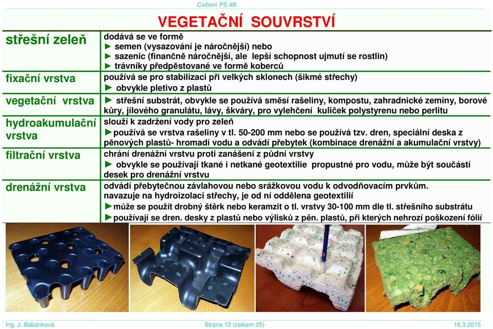 zahradnické zeminy, borové hydroakumulační vrstva filtrační vrstva drenážní vrstva kůry, jílového granulátu, lávy, škváry, pro vylehčení kuliček polystyrenu nebo perlitu slouží k zadržení vody pro