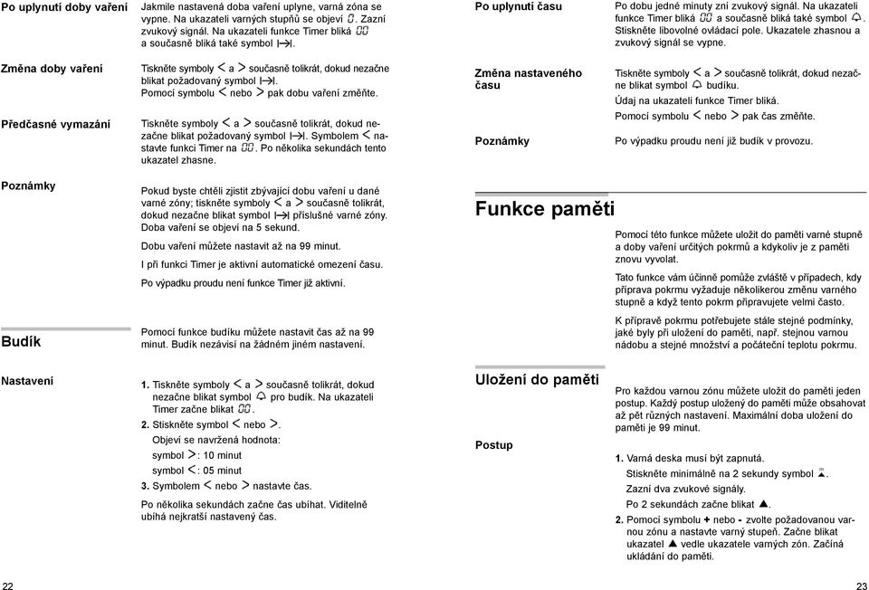 Stiskněte libovolné ovládací pole. Ukazatele zhasnou a zvukový signál se vypne. Změna doby vaření Předčasné vymazání Tiskněte symboly a současně tolikrát, dokud nezačne blikat požadovaný symbol.