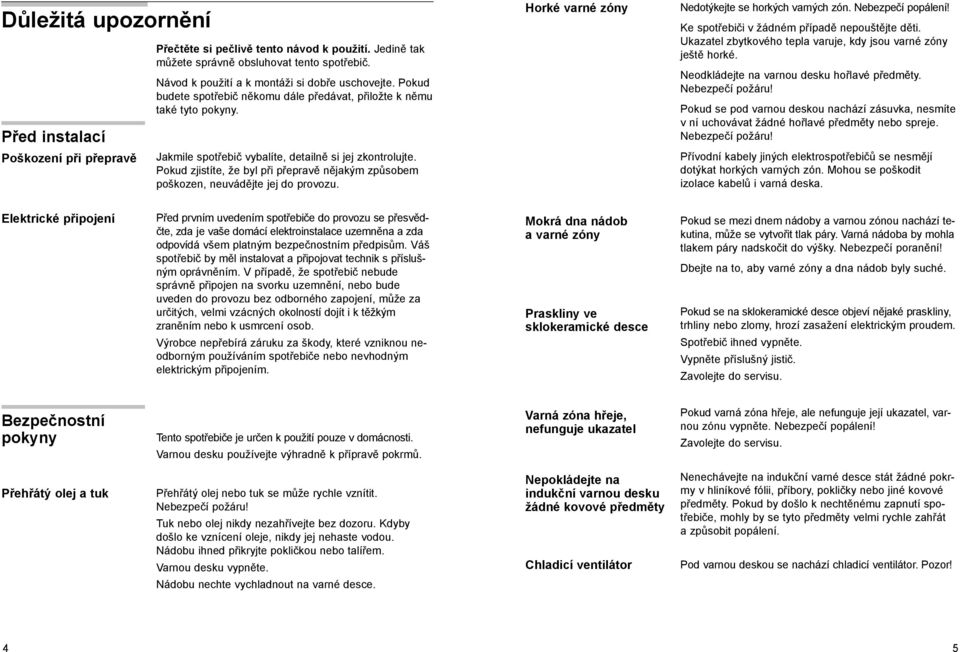Pokud zjistíte, že byl při přepravě nějakým způsobem poškozen, neuvádějte jej do provozu. Horké varné zóny Nedotýkejte se horkých varných zón. Nebezpečí popálení!