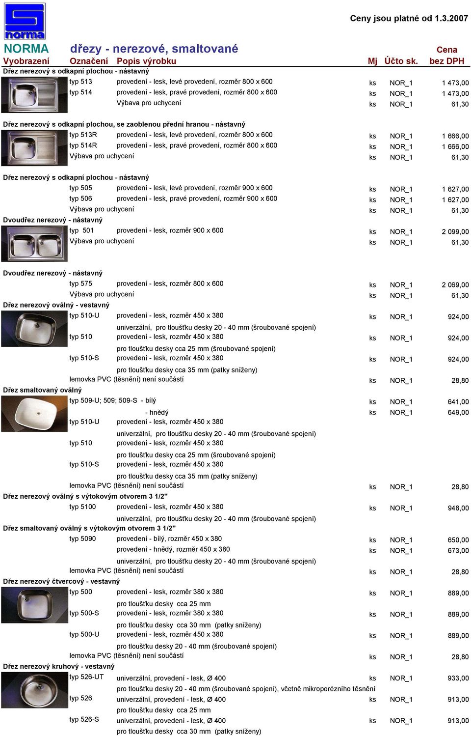 800 x 600 ks NOR_1 1 666,00 Dřez nerezový s odkapní plochou - nástavný typ 505 provedení - lesk, levé provedení, rozměr 900 x 600 ks NOR_1 1 627,00 typ 506 provedení - lesk, pravé provedení, rozměr