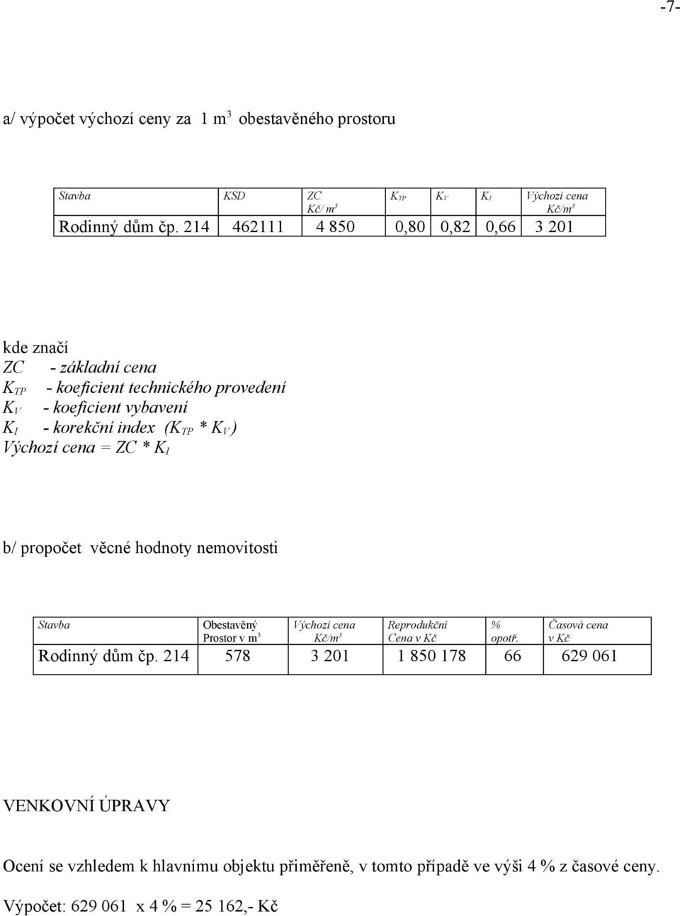 koeficient vybavení KI - korekční index (KTP * KV ) Výchozí cena = ZC * KI b/ propočet věcné hodnoty nemovitosti Stavba Rodinný dům čp.