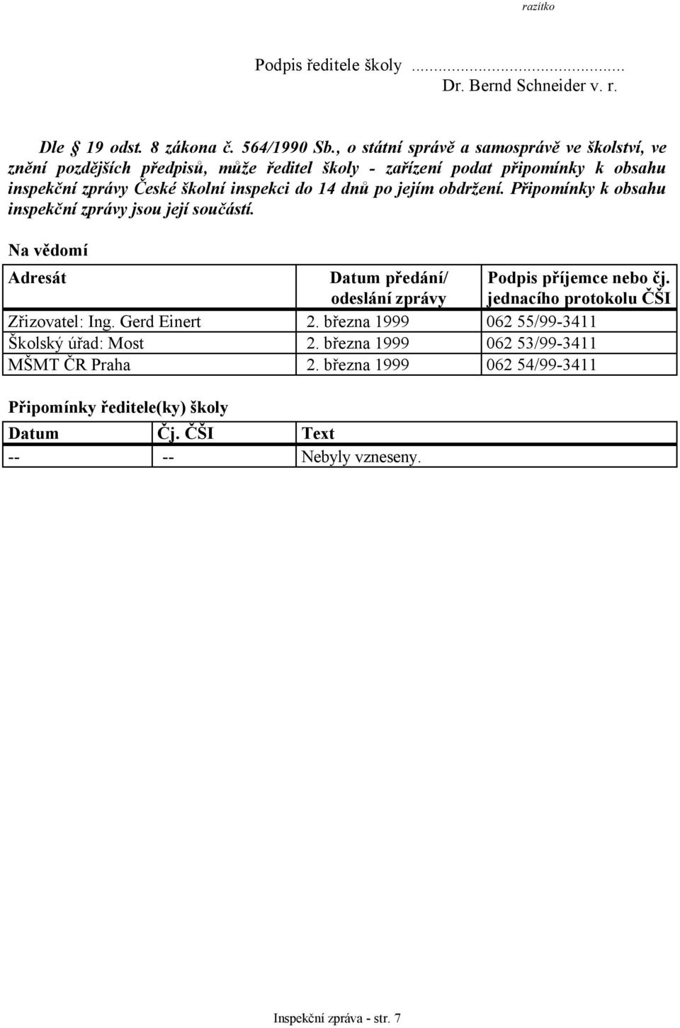 dnů po jejím obdržení. Připomínky k obsahu inspekční zprávy jsou její součástí. Na vědomí Adresát Datum předání/ odeslání zprávy Podpis příjemce nebo čj.