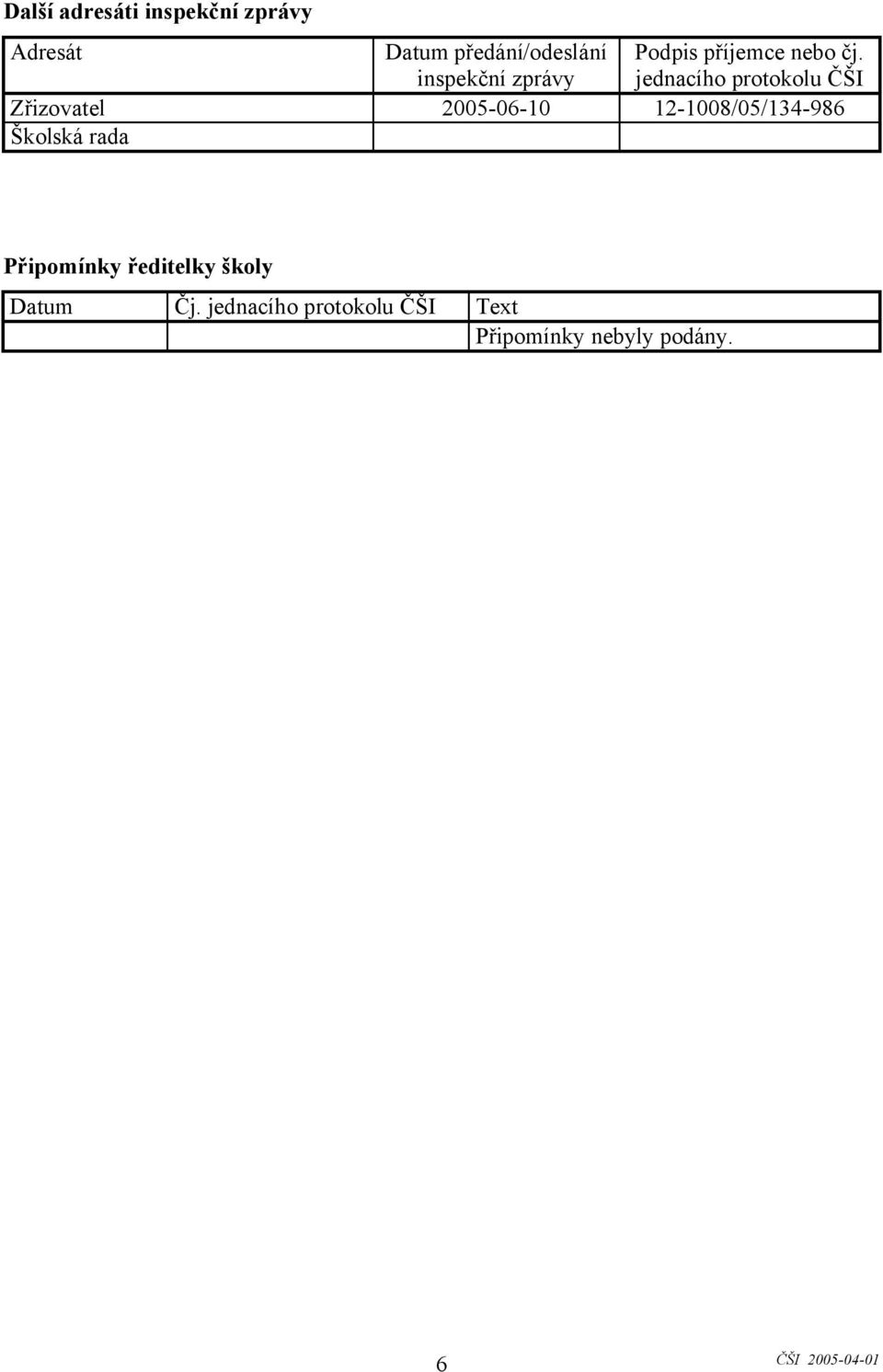 jednacího protokolu ČŠI Zřizovatel 2005-06-10 12-1008/05/134-986