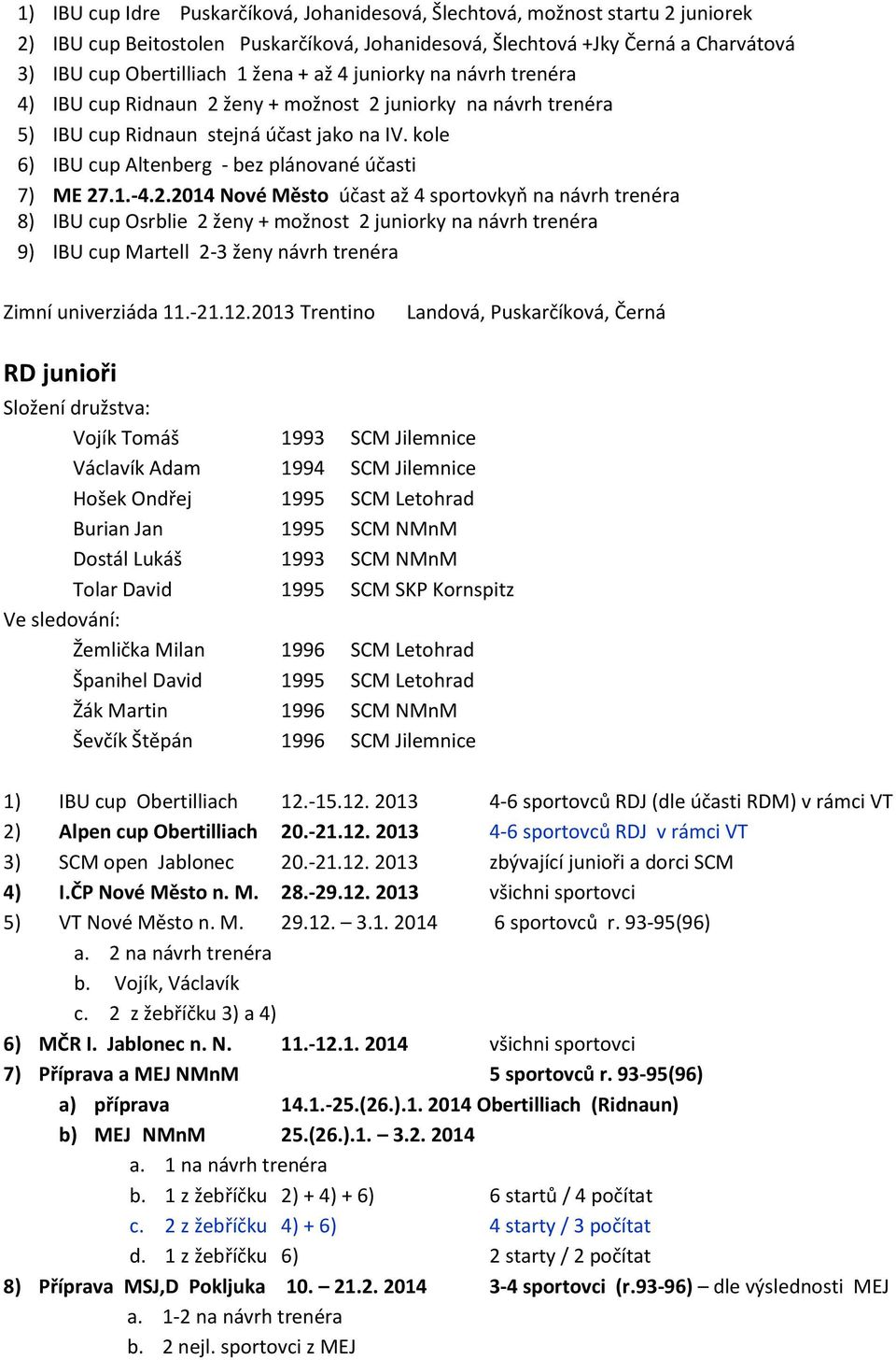 -4.2.2014 Nové Město účast až 4 sportovkyň na návrh trenéra 8) IBU cup Osrblie 2 ženy + možnost 2 juniorky na návrh trenéra 9) IBU cup Martell 2-3 ženy návrh trenéra Zimní univerziáda 11.-21.12.