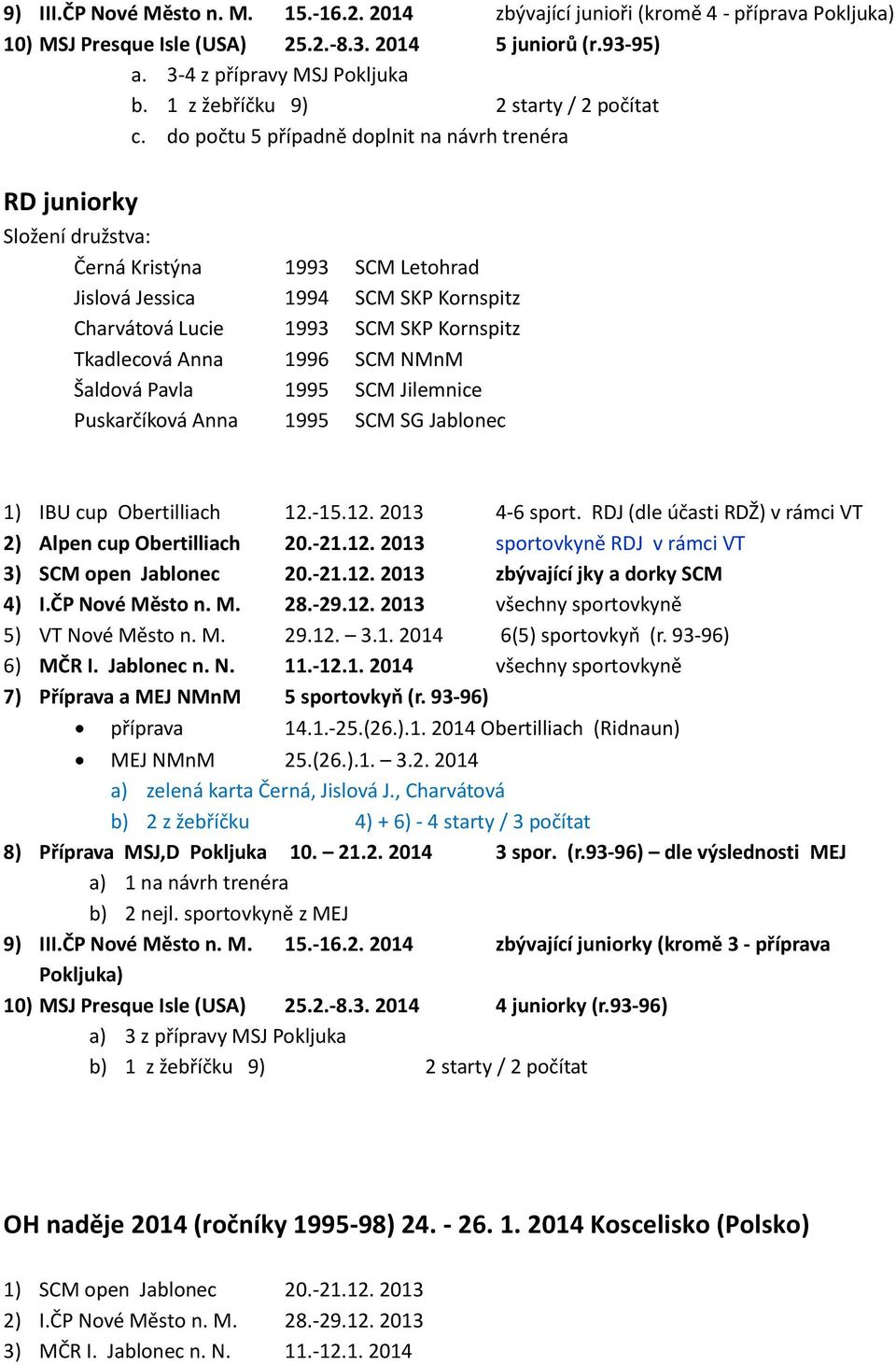 do počtu 5 případně doplnit na návrh trenéra RD juniorky Složení družstva: Černá Kristýna 1993 SCM Letohrad Jislová Jessica 1994 SCM SKP Kornspitz Charvátová Lucie 1993 SCM SKP Kornspitz Tkadlecová