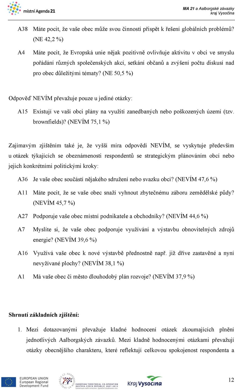 tématy? (NE 50,5 %) Odpověď NEVÍM převažuje pouze u jediné otázky: A15 Existují ve vaší obci plány na využití zanedbaných nebo poškozených území (tzv. brownfields)?