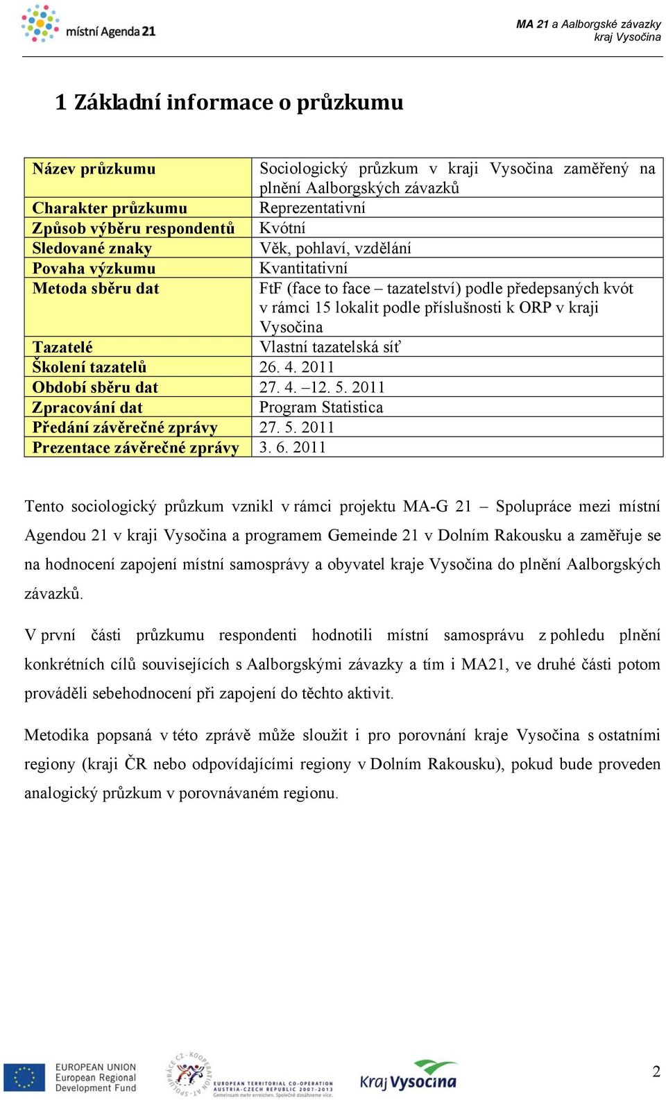 Vysočina Tazatelé Vlastní tazatelská síť Školení tazatelů 26. 4. 2011 Období sběru dat 27. 4. 12. 5. 2011 Zpracování dat Program Statistica Předání závěrečné zprávy 27. 5. 2011 Prezentace závěrečné zprávy 3.