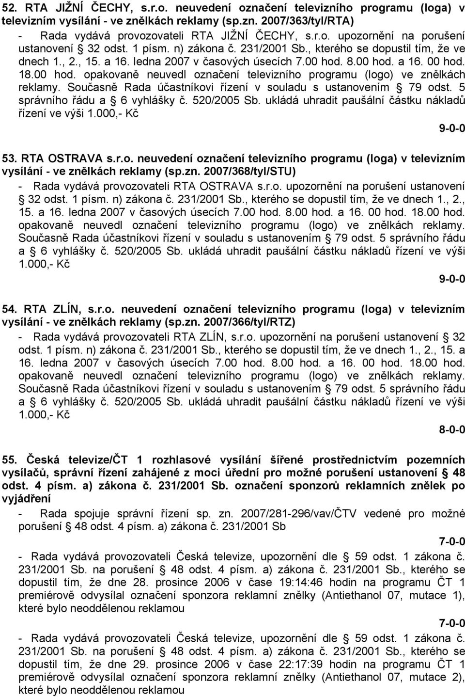8.00 hod. a 16. 00 hod. 18.00 hod. opakovaně neuvedl označení televizního programu (logo) ve znělkách reklamy. Současně Rada účastníkovi řízení v souladu s ustanovením 79 odst.