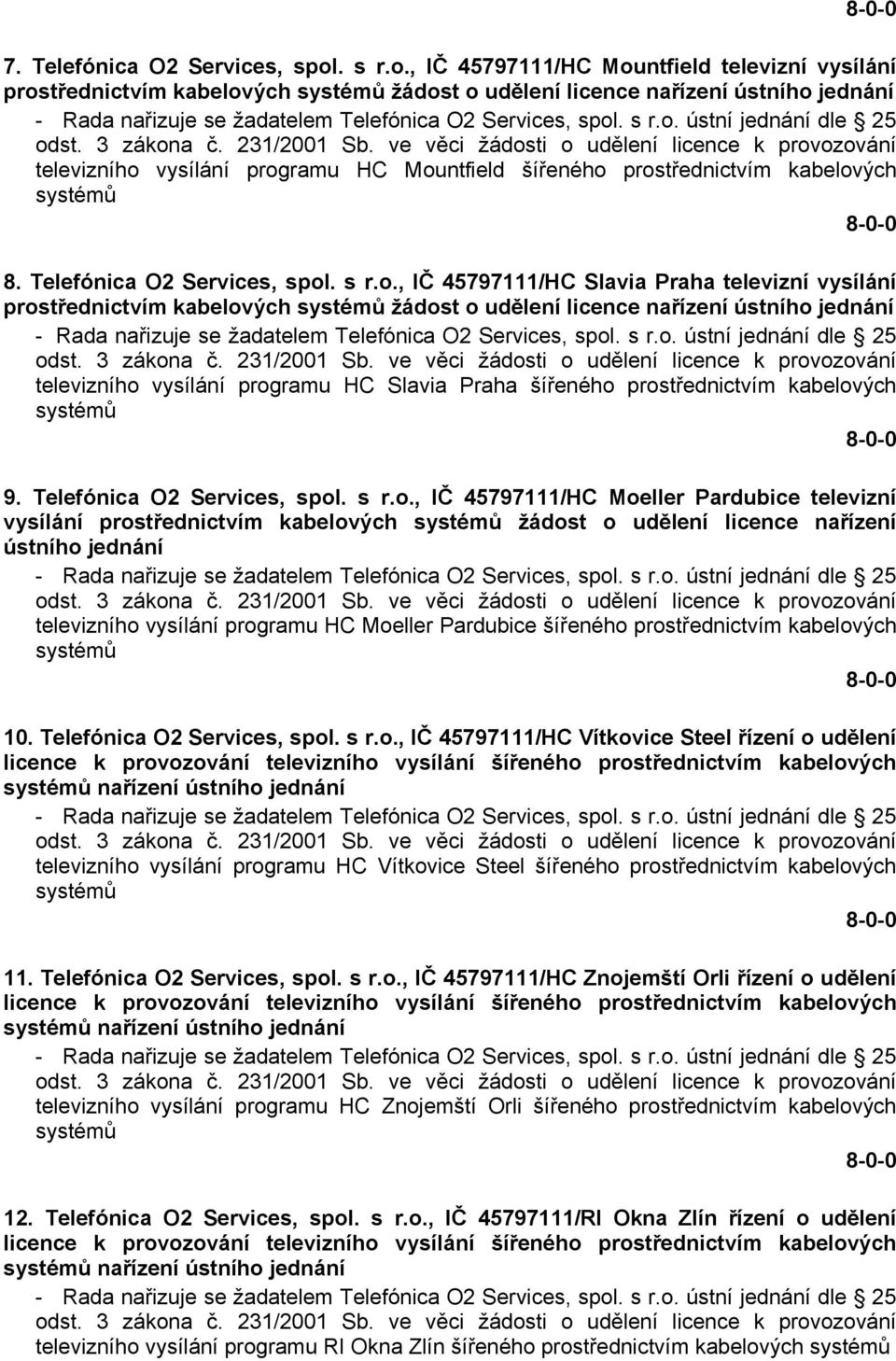 s r.o. ústní jednání dle 25 odst. 3 zákona č. 231/2001 Sb. ve věci žádosti o udělení licence k provozování televizního vysílání programu HC Mountfield šířeného prostřednictvím kabelových systémů 8.