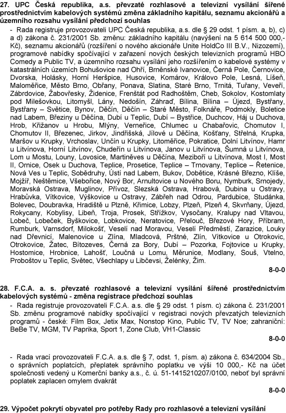 převzaté rozhlasové a televizní vysílání šířené prostřednictvím kabelových systémů změna základního kapitálu, seznamu akcionářů a územního rozsahu vysílání předchozí souhlas - Rada registruje