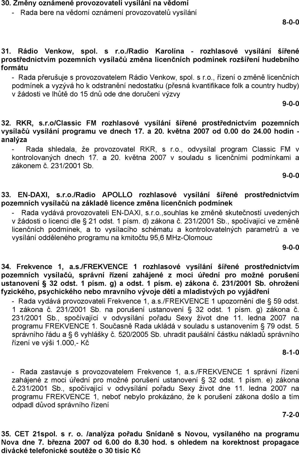 a 20. května 2007 od 0.00 do 24.00 hodin - analýza - Rada shledala, že provozovatel RKR, s r.o., odvysílal program Classic FM v kontrolovaných dnech 17. a 20.