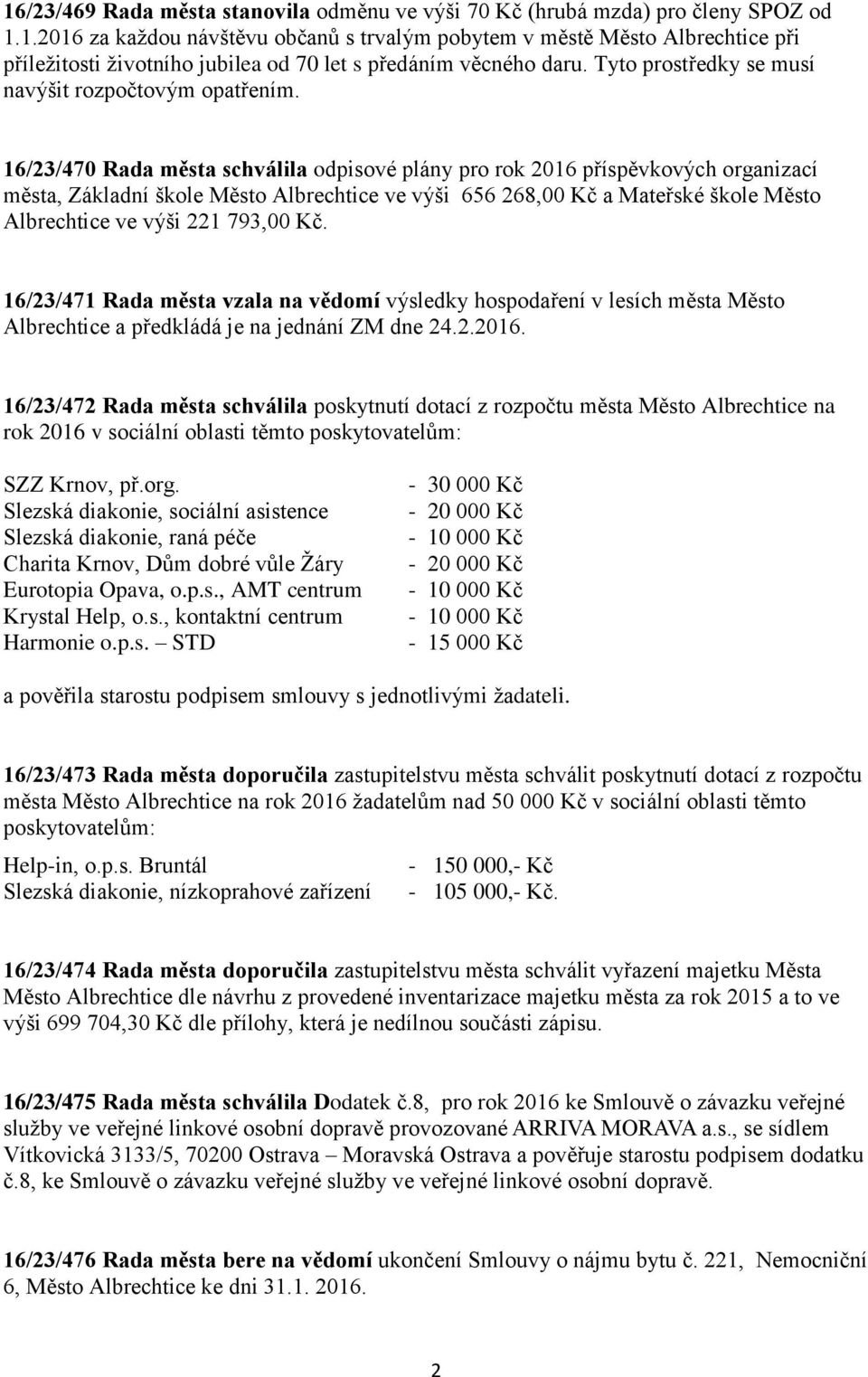 16/23/470 Rada města schválila odpisové plány pro rok 2016 příspěvkových organizací města, Základní škole Město Albrechtice ve výši 656 268,00 Kč a Mateřské škole Město Albrechtice ve výši 221 793,00