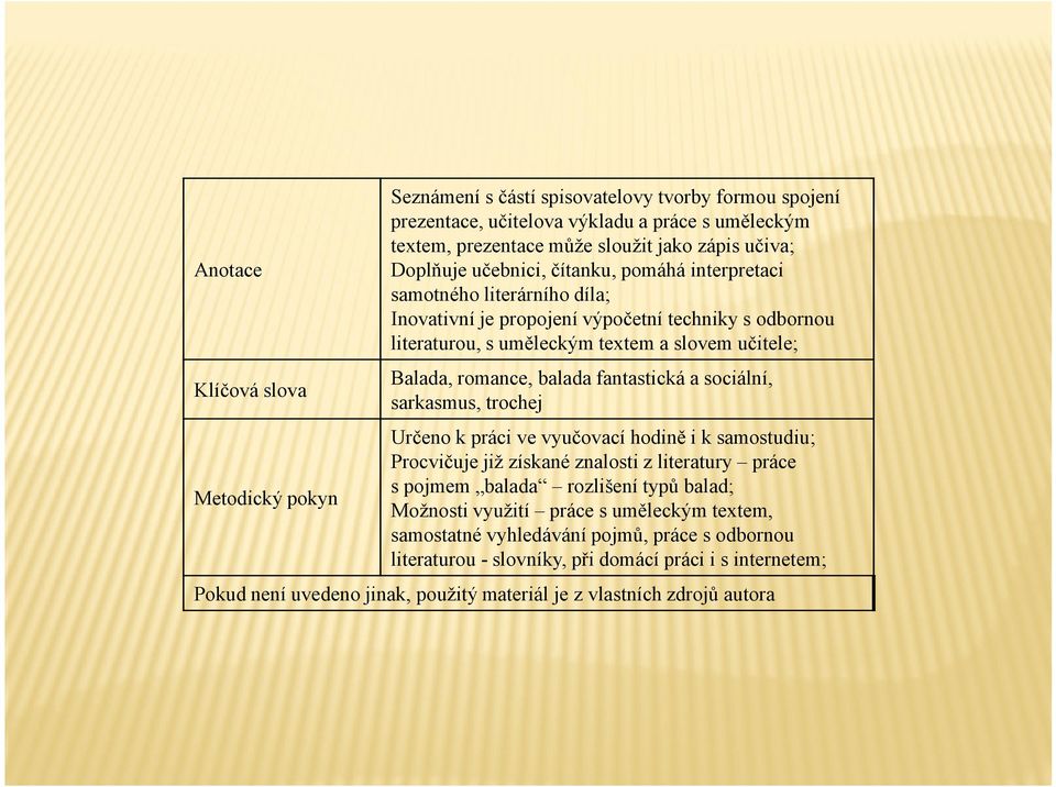 sociální, sarkasmus, trochej Metodický pokyn Určeno k práci ve vyučovací hodině i k samostudiu; Procvičuje již získané znalosti z literatury práce s pojmem balada rozlišení typů balad; Možnosti