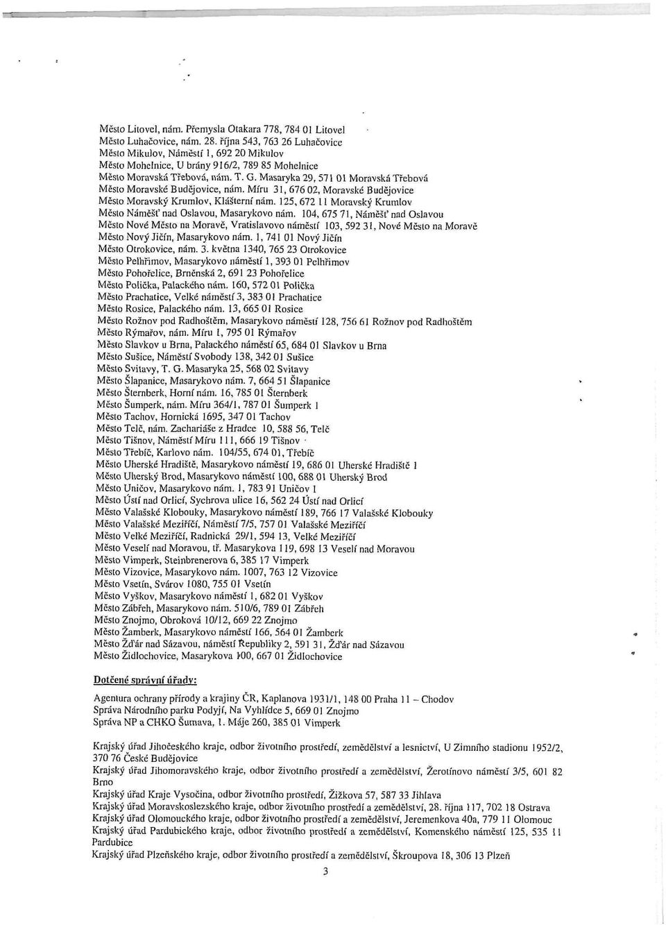 Masaryka 29, 571 01 Moravská Třebová Město Moravské Budějovice, nám. Míru 31, 676 02, Moravské Budějovice Město Moravský Krumlov, Klášterní nám.