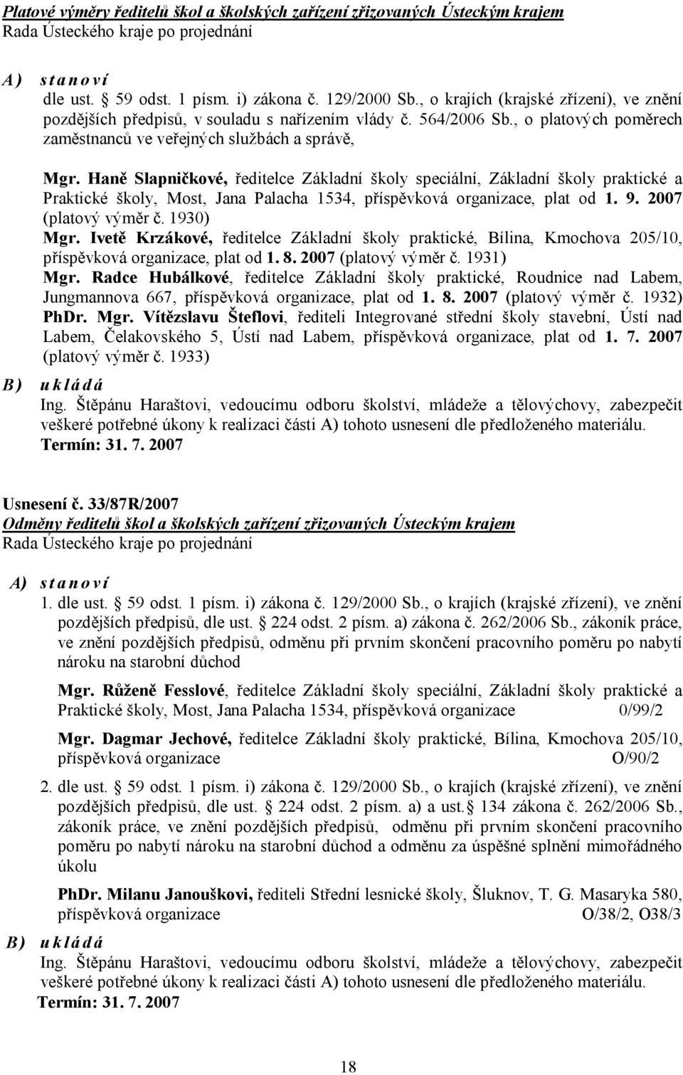 Haně Slapničkové, ředitelce Základní školy speciální, Základní školy praktické a Praktické školy, Most, Jana Palacha 1534, příspěvková organizace, plat od 1. 9. 2007 (platový výměr č. 1930) Mgr.