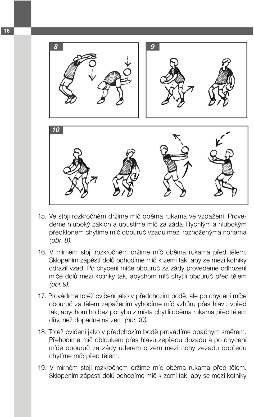 Sklopením zápěstí dolů odhodíme míč k zemi tak, aby se mezi kotníky odrazil vzad.