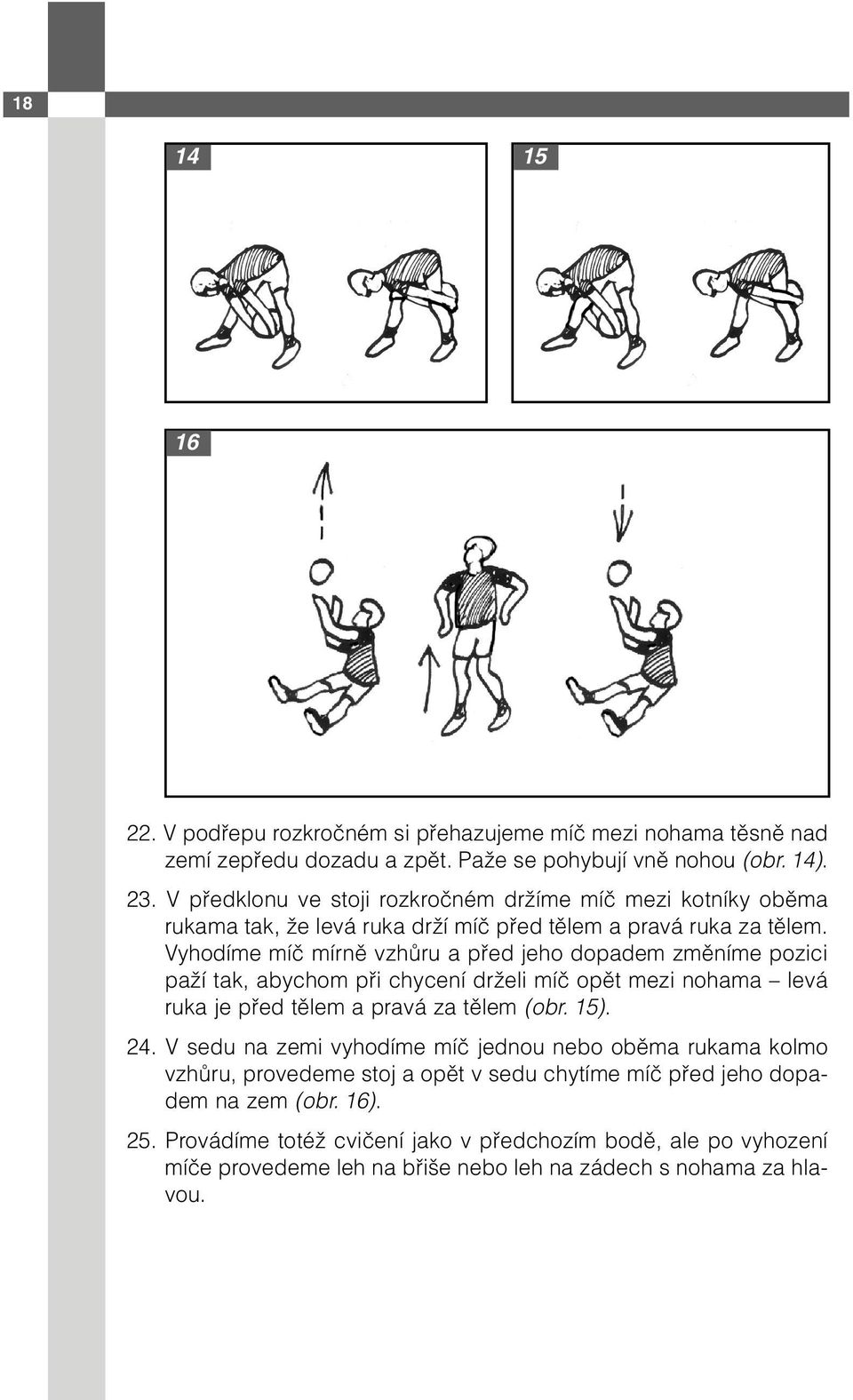 Vyhodíme míč mírně vzhůru a před jeho dopadem změníme pozici paží tak, abychom při chycení drželi míč opět mezi nohama levá ruka je před tělem a pravá za tělem (obr. 15). 24.