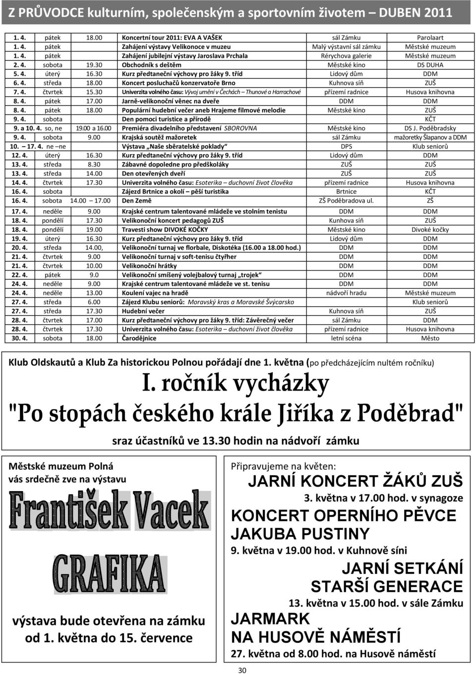 00 Koncertní tour 2011: EVA A VAŠEK Zahájení výstavy Velikonoce v muzeu Zahájení jubilejní výstavy Jaroslava Prchala Obchodník s deštěm Kurz předtaneční výchovy pro žáky 9.