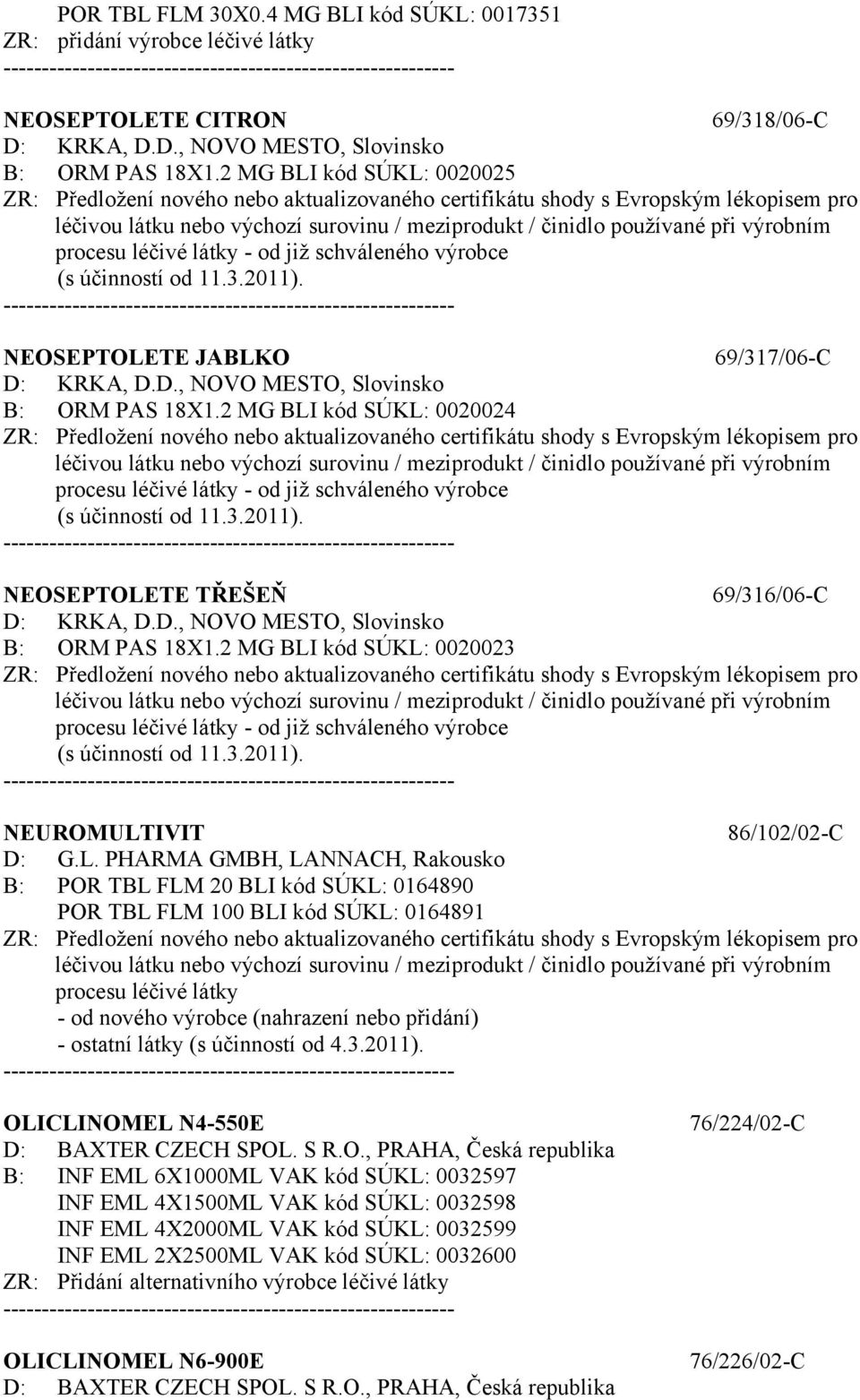 procesu léčivé látky - od již schváleného výrobce (s účinností od 11.3.2011). NEOSEPTOLETE JABLKO 69/317/06-C D: KRKA, D.D., NOVO MESTO, Slovinsko B: ORM PAS 18X1.