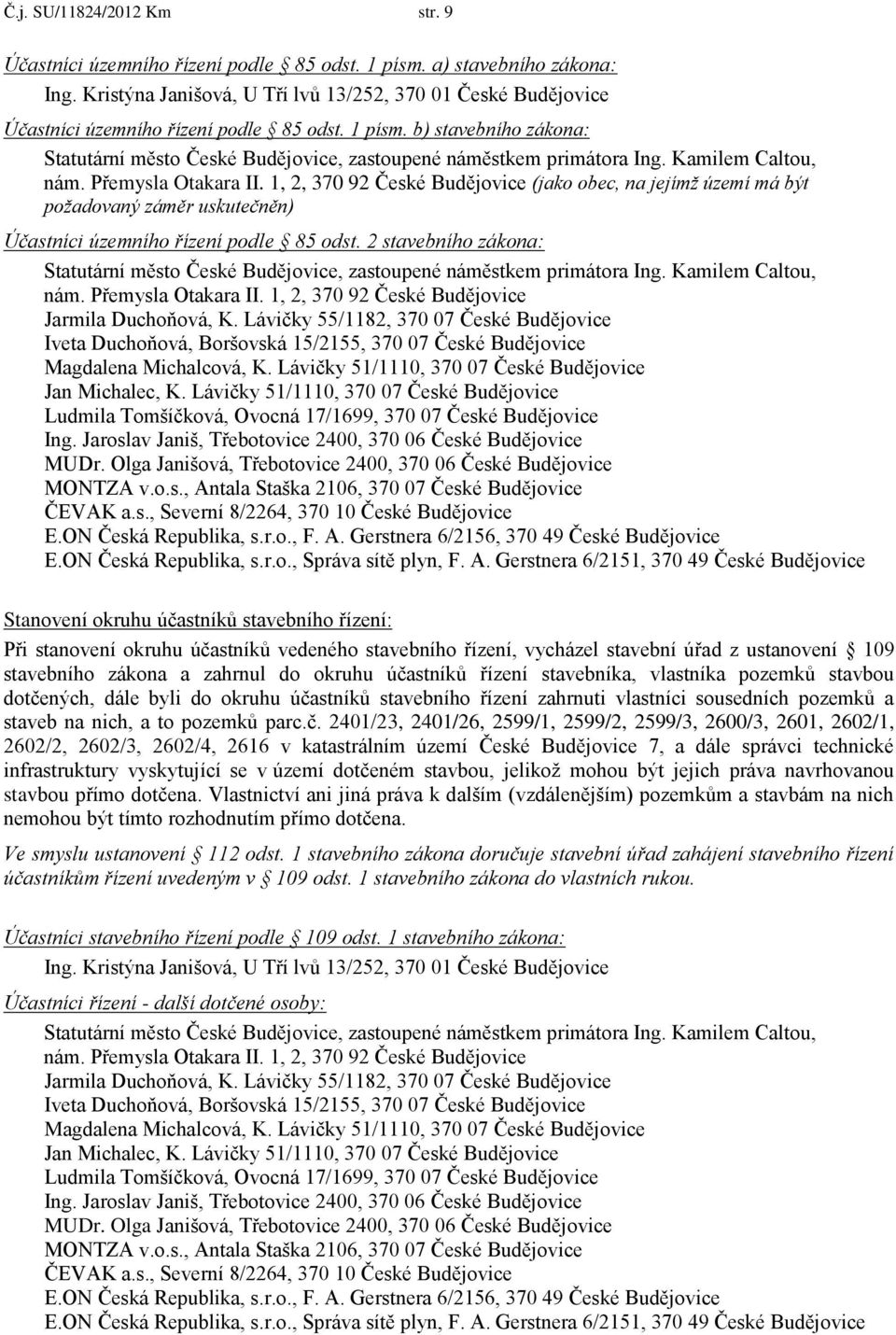 b) stavebního zákona: Statutární město České Budějovice, zastoupené náměstkem primátora Ing. Kamilem Caltou, nám. Přemysla Otakara II.