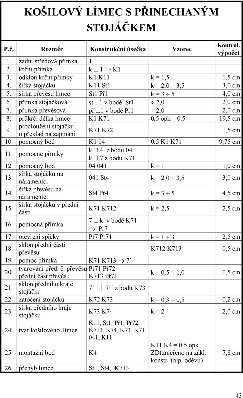 prodloužení ojáčku o překlad na zapínání K71 K72 1,5 cm 10. pomocný bod 0,5 K71 9,75 cm 11. pomocné přímky k 4 z bodu k 7 z bodu K71 12. pomocný bod 1 k = 1 1,0 cm 13.