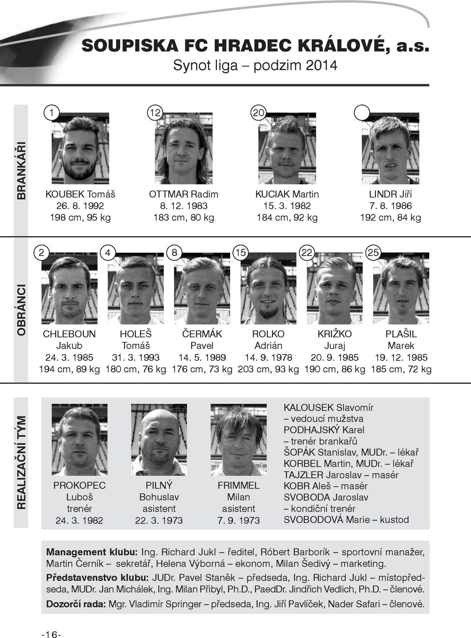 1989 176 cm, 73 kg ROLKO Adrián 14. 9. 1978 203 cm, 93 kg KRIŽKO Juraj 20. 9. 1985 190 cm, 86 kg PLAŠIL Marek 19. 12. 1985 185 cm, 72 kg ReaLiZaČNí TýM PROKOPEC Luboš trenér 24. 3.