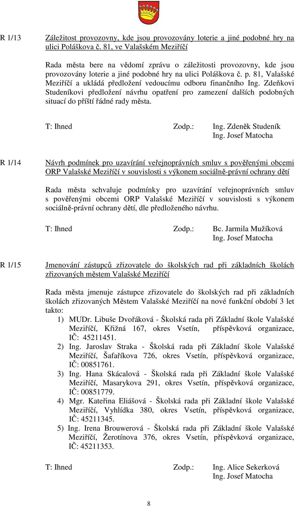 Zdeňkovi Studeníkovi předložení návrhu opatření pro zamezení dalších podobných situací do příští řádné rady města.