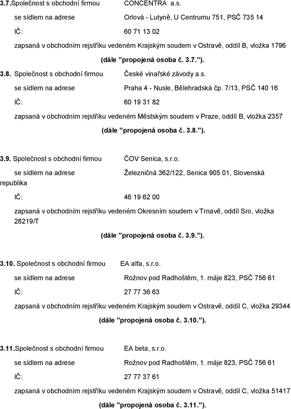 3.7. ). 3.8. Společnost s obchodní firmou České vinařské závody a.s. se sídlem na adrese Praha 4 - Nusle, Bělehradská čp.