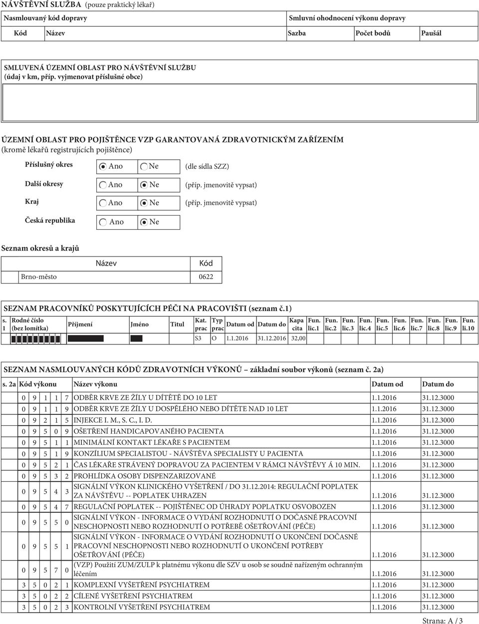 sídla SZZ) (příp. jmenovitě vypsat) (příp. jmenovitě vypsat) Česká republika Ano Ne Seznam okresů a krajů Název Kód Brno-město 0622 SEZNAM PRACOVNÍKŮ POSKYTUJÍCÍCH PÉČI NA PRACOVIŠTI (seznam č.1) s.