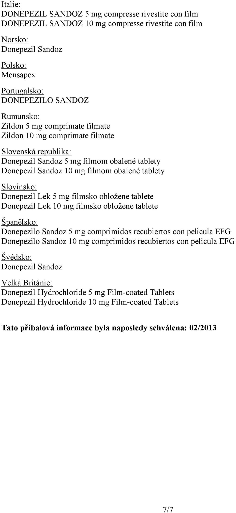 5 mg filmsko obložene tablete Donepezil Lek 10 mg filmsko obložene tablete Španělsko: Donepezilo Sandoz 5 mg comprimidos recubiertos con pelicula EFG Donepezilo Sandoz 10 mg comprimidos recubiertos