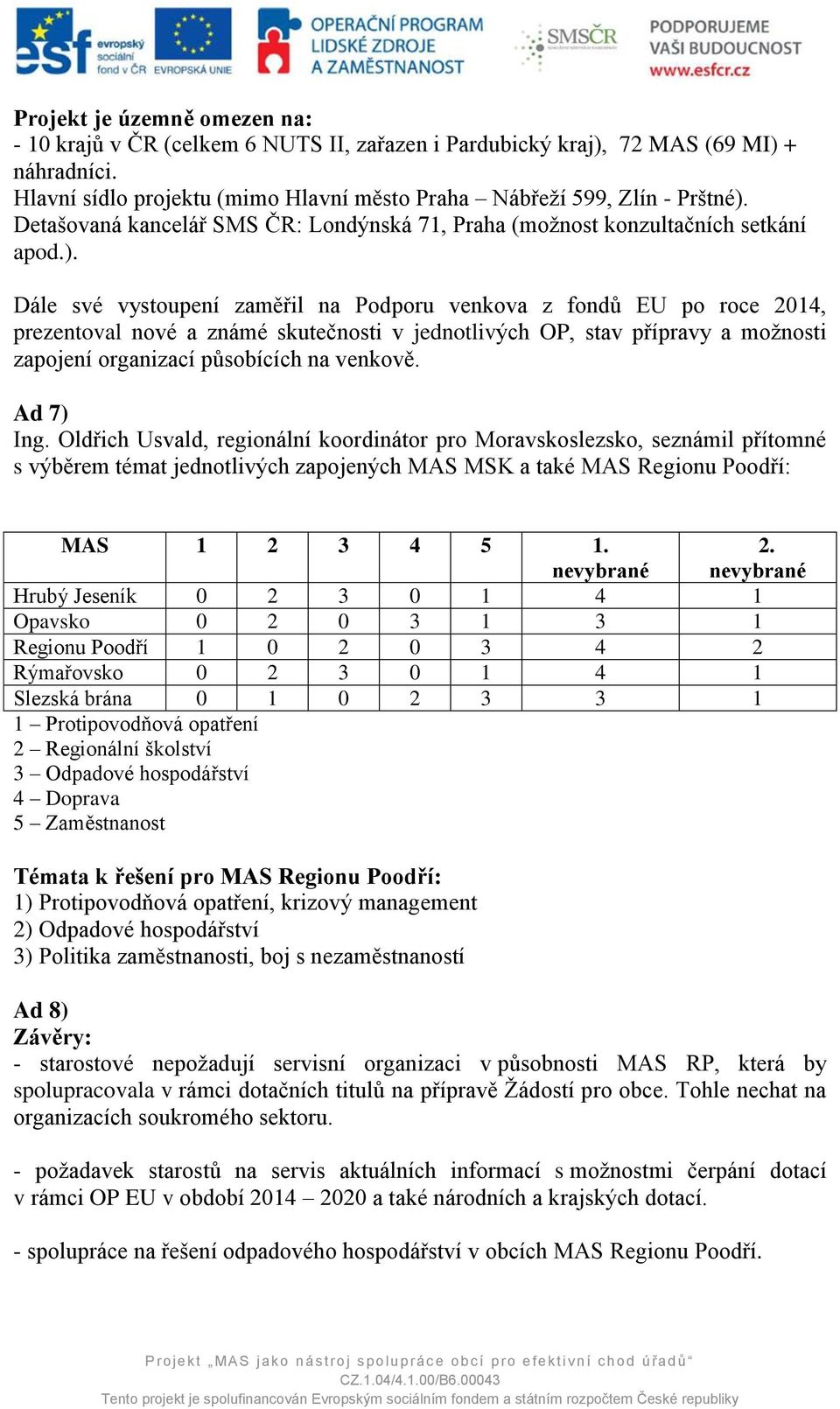 Dále své vystoupení zaměřil na Podporu venkova z fondů EU po roce 2014, prezentoval nové a známé skutečnosti v jednotlivých OP, stav přípravy a možnosti zapojení organizací působících na venkově.